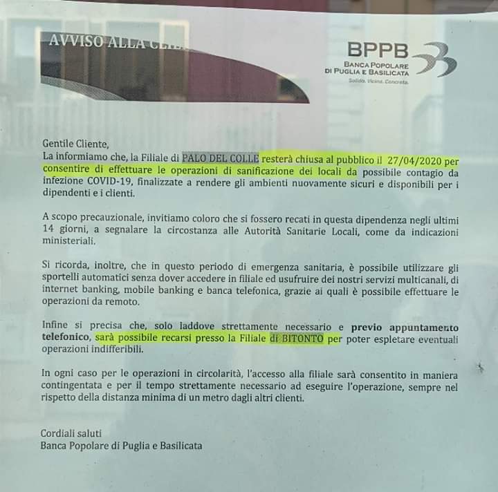 Coronavirus Palo Chiusa Filiale Banca Popolare Di Puglia E Basilicata Se Siete Stati Da Noi Chiamate La Asl
