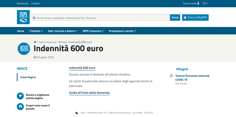 Bonus 600 euro domanda inps